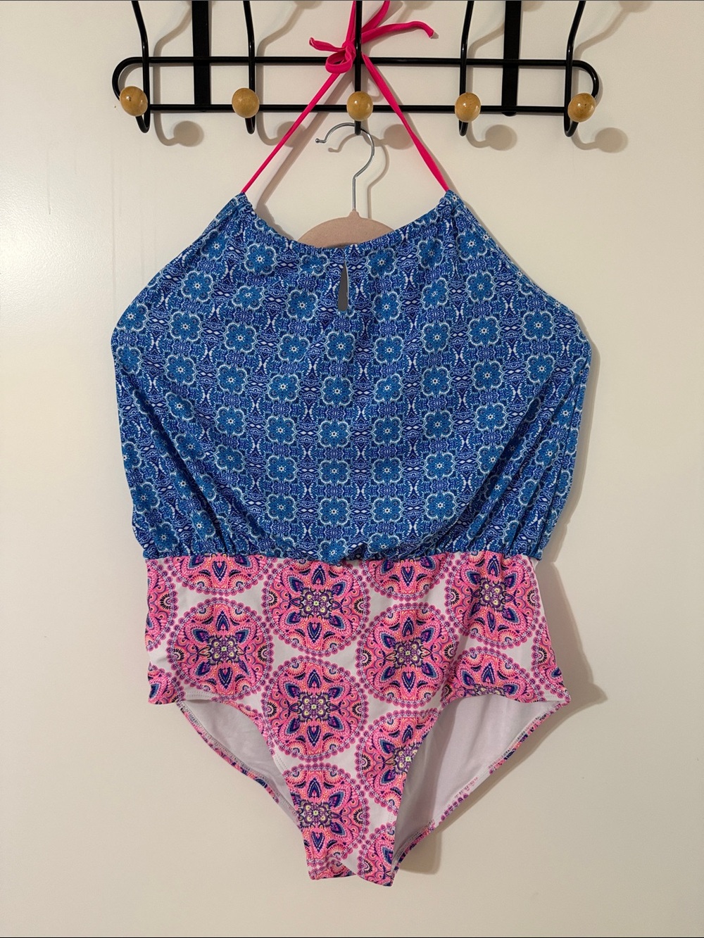 Nicole Miller Blue and Pink Halter One-Piece Swimsuit